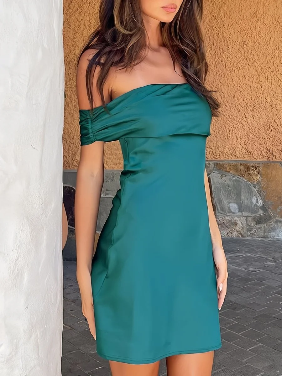 Dark Green Off-The-Shoulder Satin A-Line Homecoming Dress
