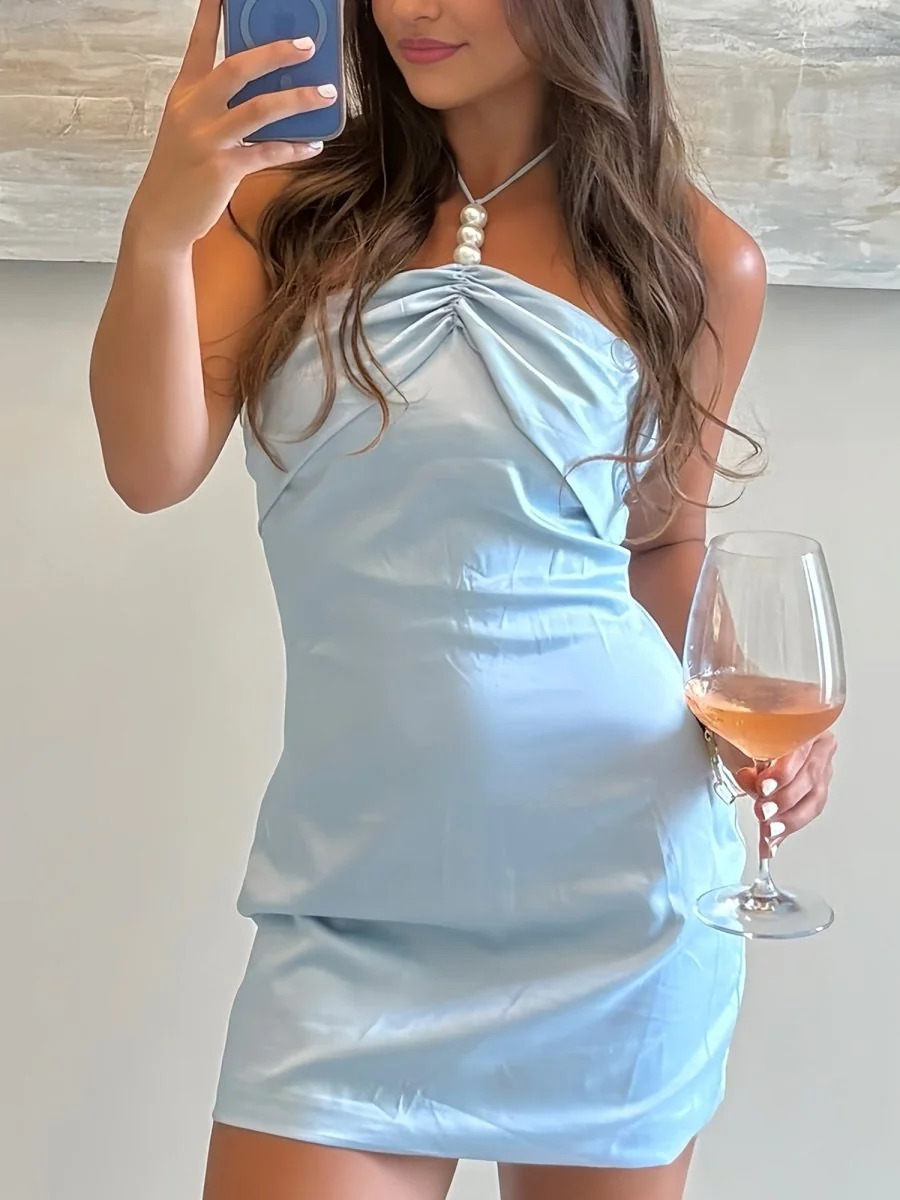 Blue Halter Satin Sheath Homecoming Dress - Elegant Pearls