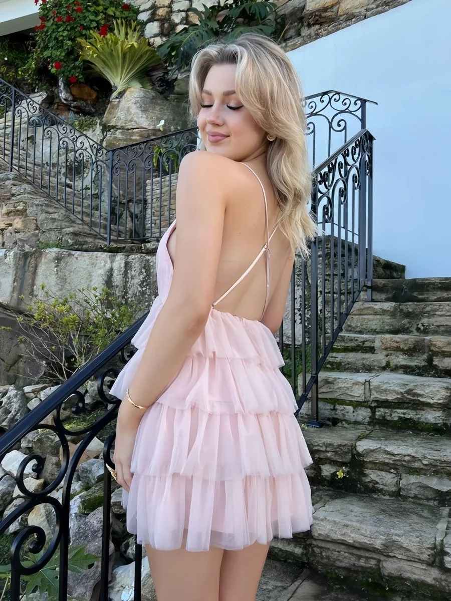 Pink Tulle Tiered A-Line Homecoming Dress