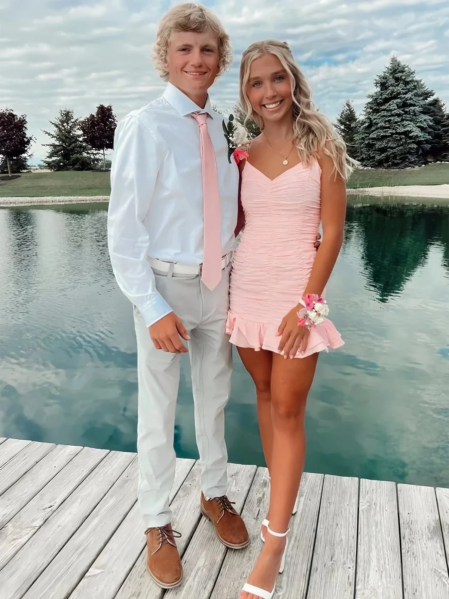 Pink Satin Sheath Homecoming Dress with Ruffles & Pleats