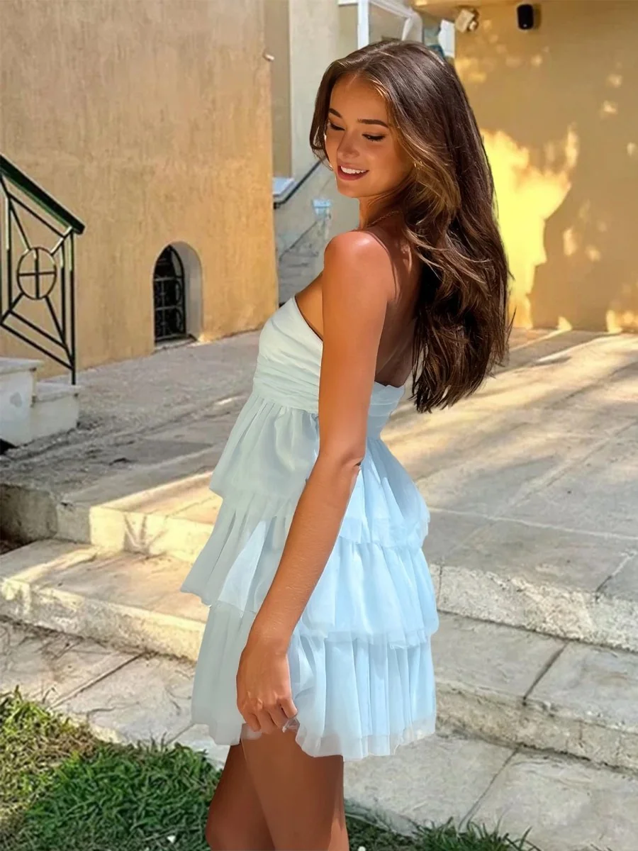 Sky Blue A-Line Chiffon Homecoming Dress with Ruffles