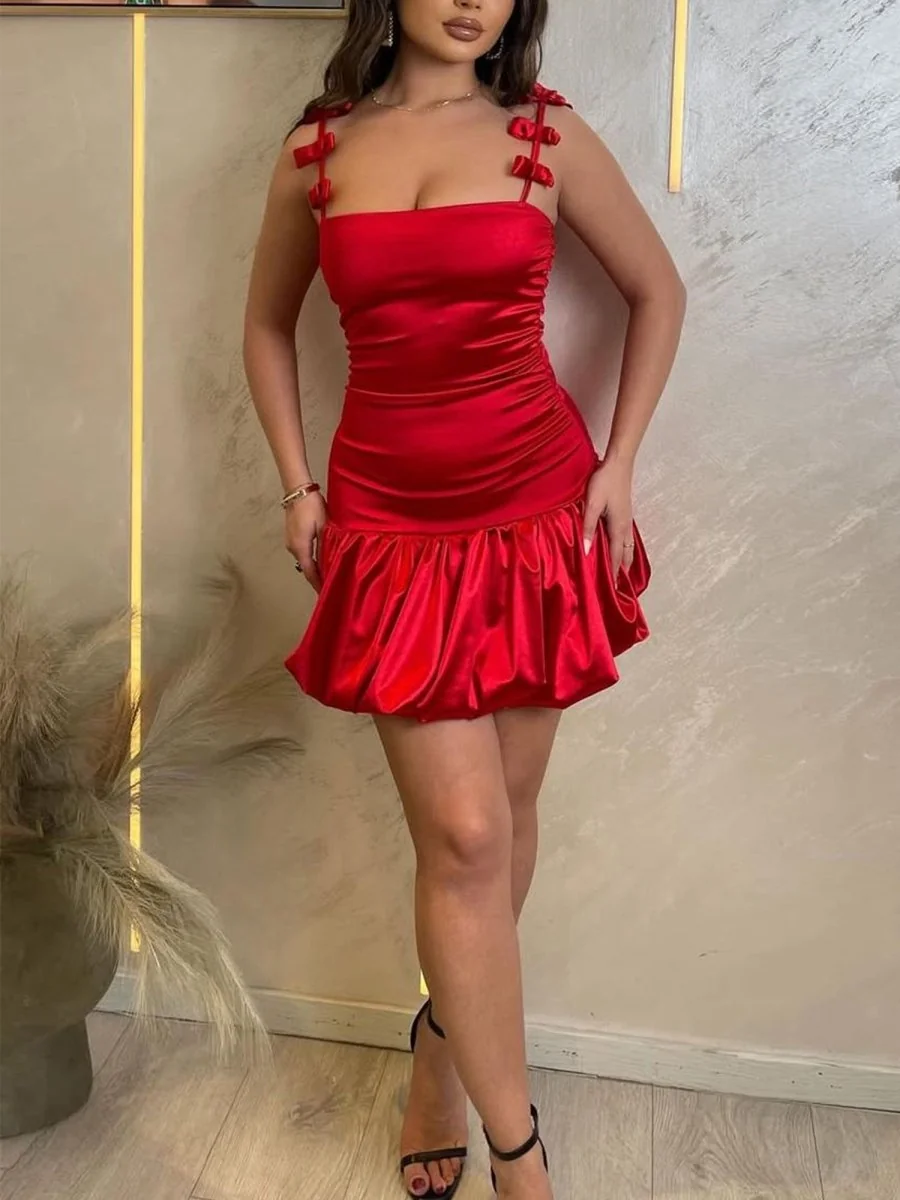 Red Satin A-Line Bubble Hem Homecoming Dress with Bow Straps