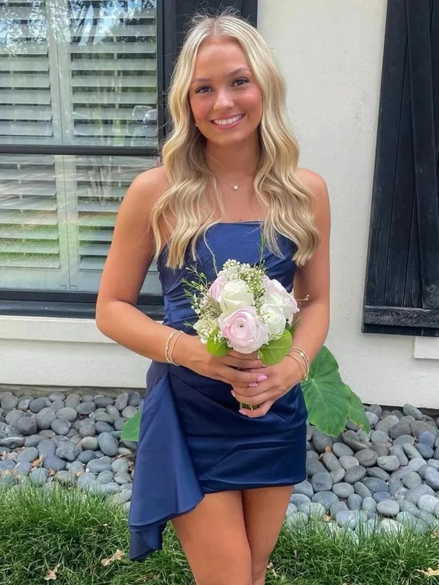 Navy Blue Sheath Satin Homecoming Dress - Elegant & Alluring