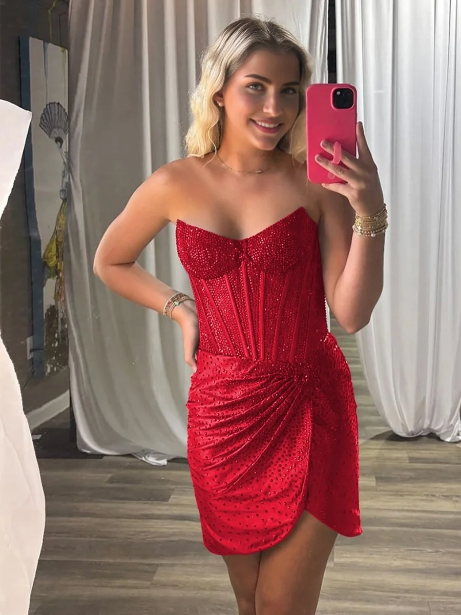 Strapless Satin Bodycon Red Homecoming Dress with Beading