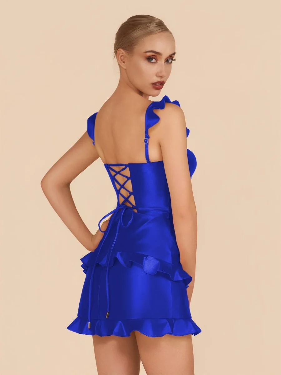 Royal Blue Satin Ruffle Sweetheart Homecoming Dress