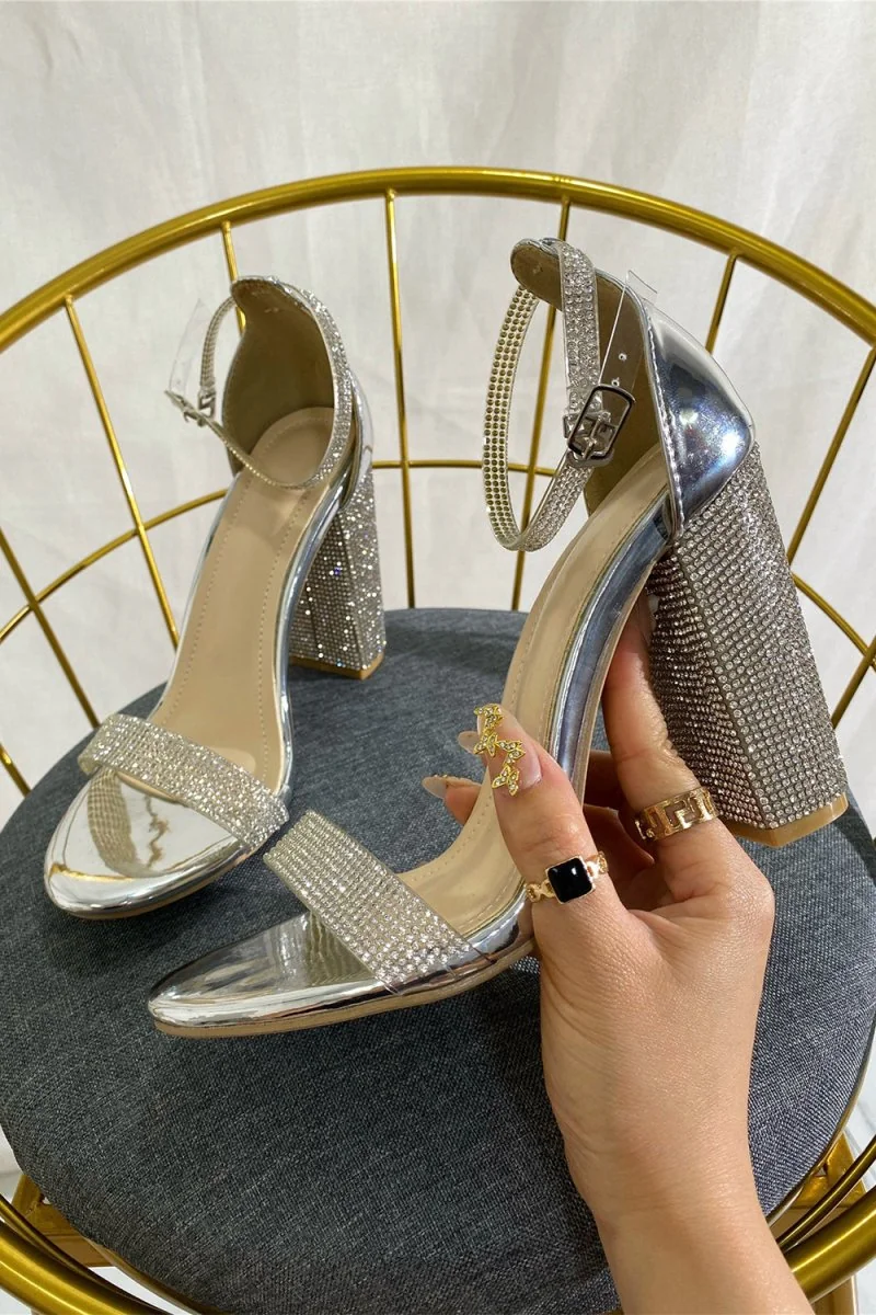 Silver Ankle Strap Chunky Heel Party Sandals with Rhinestone Detail