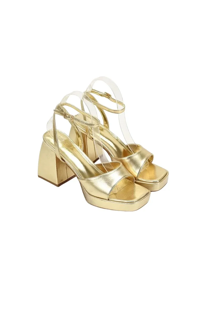 Gold Peep Toe Chunky Heel Prom Shoes - Elegant Ankle Strap Design