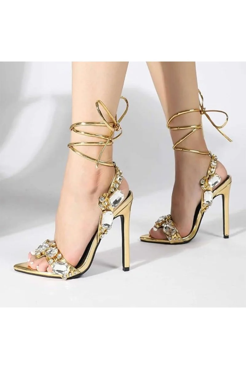Crystal Lace-Up Stiletto Heels - Elegant Metallic Evening Shoes