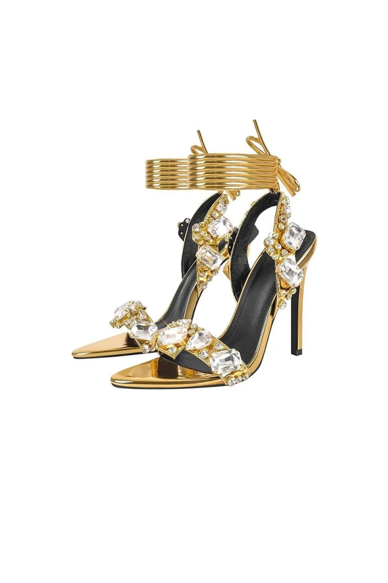Crystal Lace-Up Stiletto Heels - Elegant Metallic Evening Shoes
