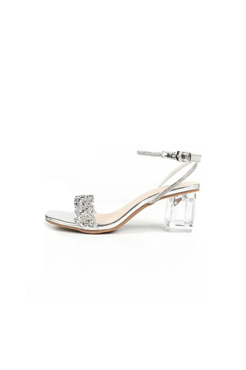 Sparkling Silver Sequin Chunky Heels with Open Toe & Ankle Buckle