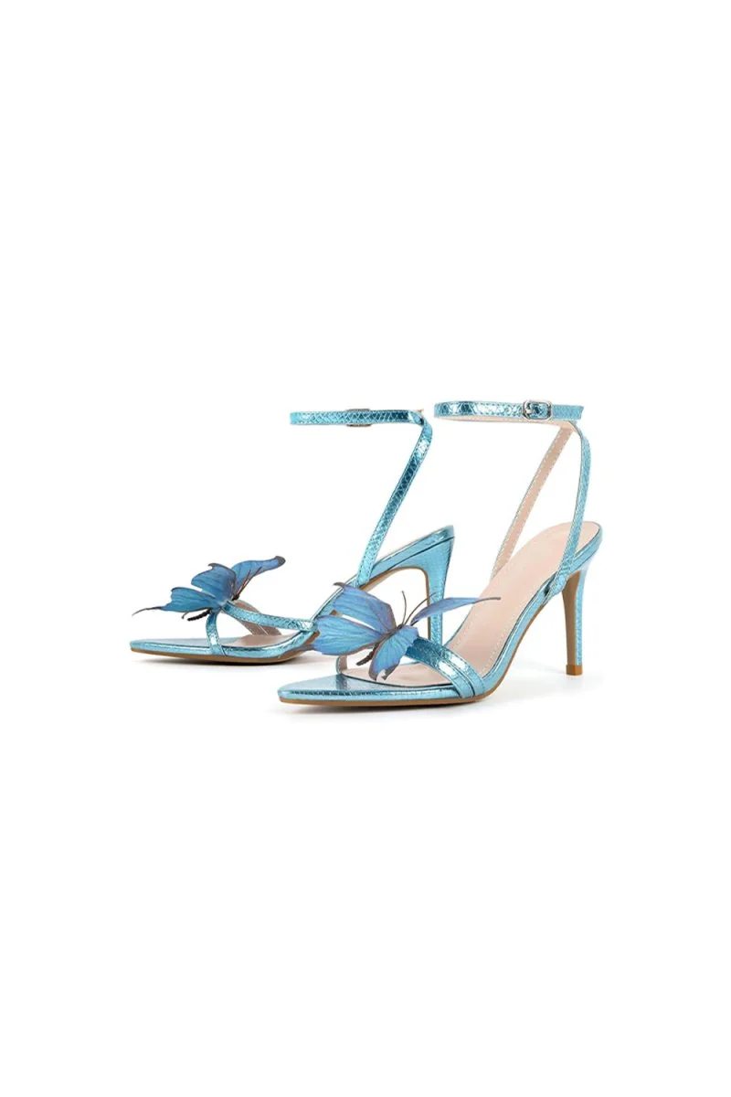 Blue Butterfly Stiletto Heels - Open Toe Ankle Buckle High Heels