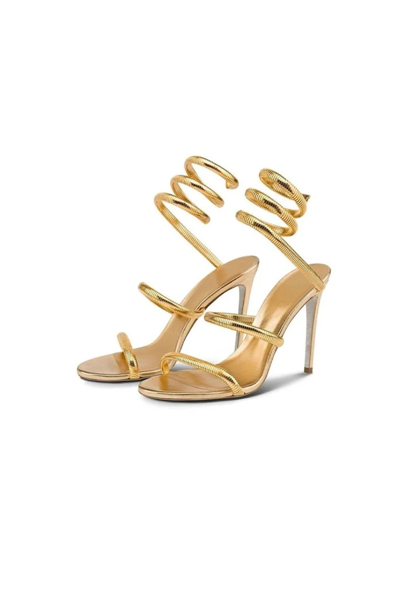 Snake Wrap Open Toe Stiletto High Heels Sandal - Gold or Silver