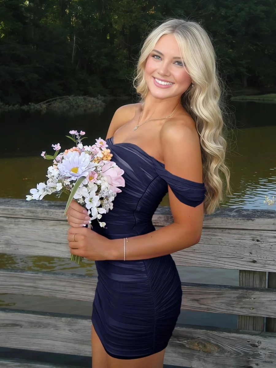 Navy Blue Off-The-Shoulder Tulle Short Homecoming Dress