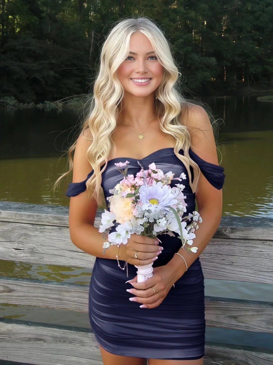 Navy Blue Off-The-Shoulder Tulle Short Homecoming Dress