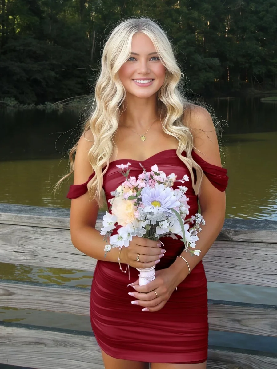 Burgundy Off The Shoulder Tulle Short Homecoming Dress