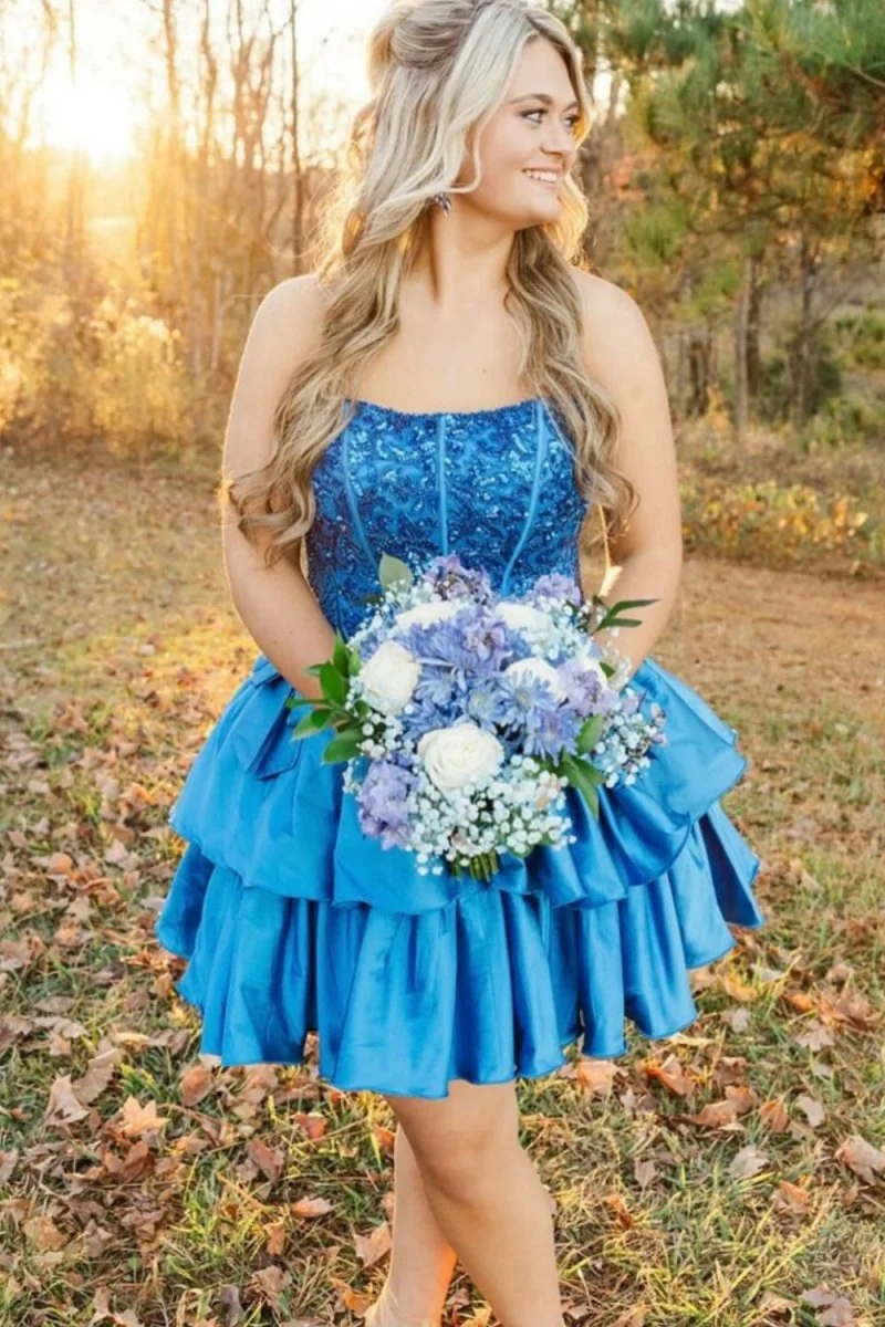Royal Blue Strapless A-Line Sequin Bow Homecoming Dress