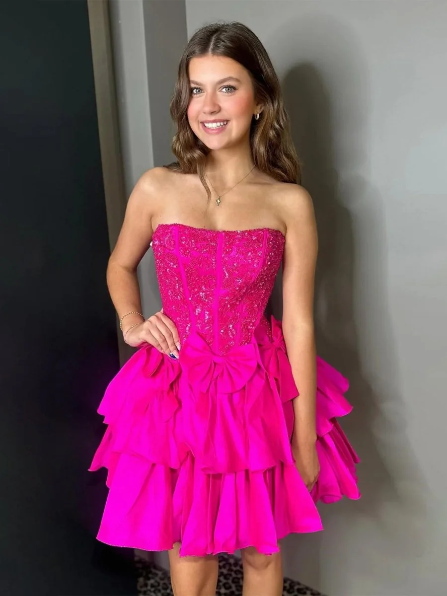 Fuchsia Sequin A-Line Homecoming Dress with Bow