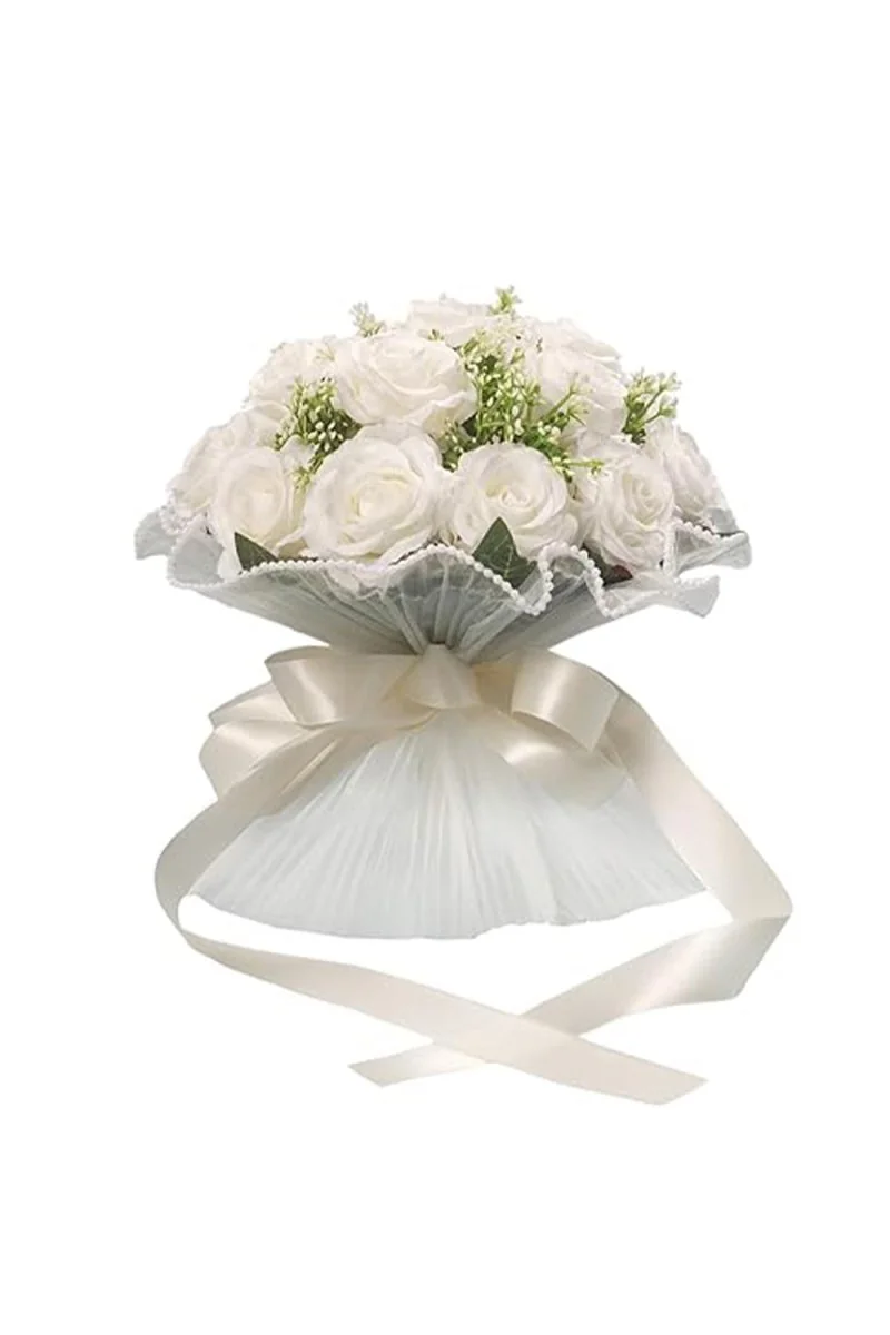 Cascading Ivory Rose Wedding Flower Bouquet with Pearl Accents