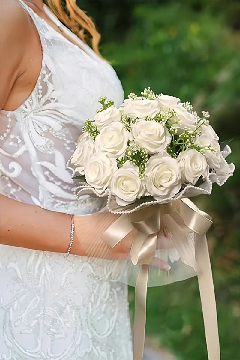 Cascading Ivory Rose Wedding Flower Bouquet with Pearl Accents