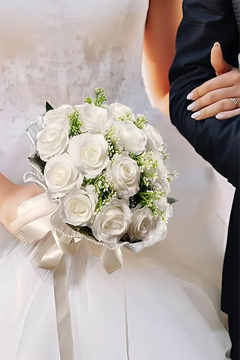 Cascading Ivory Rose Wedding Flower Bouquet with Pearl Accents