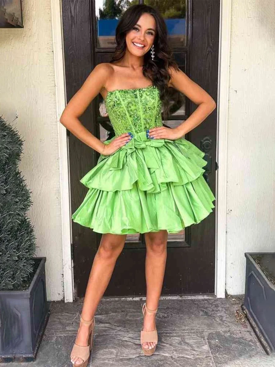 Lime Green Sequin A-Line Bow Homecoming Dress