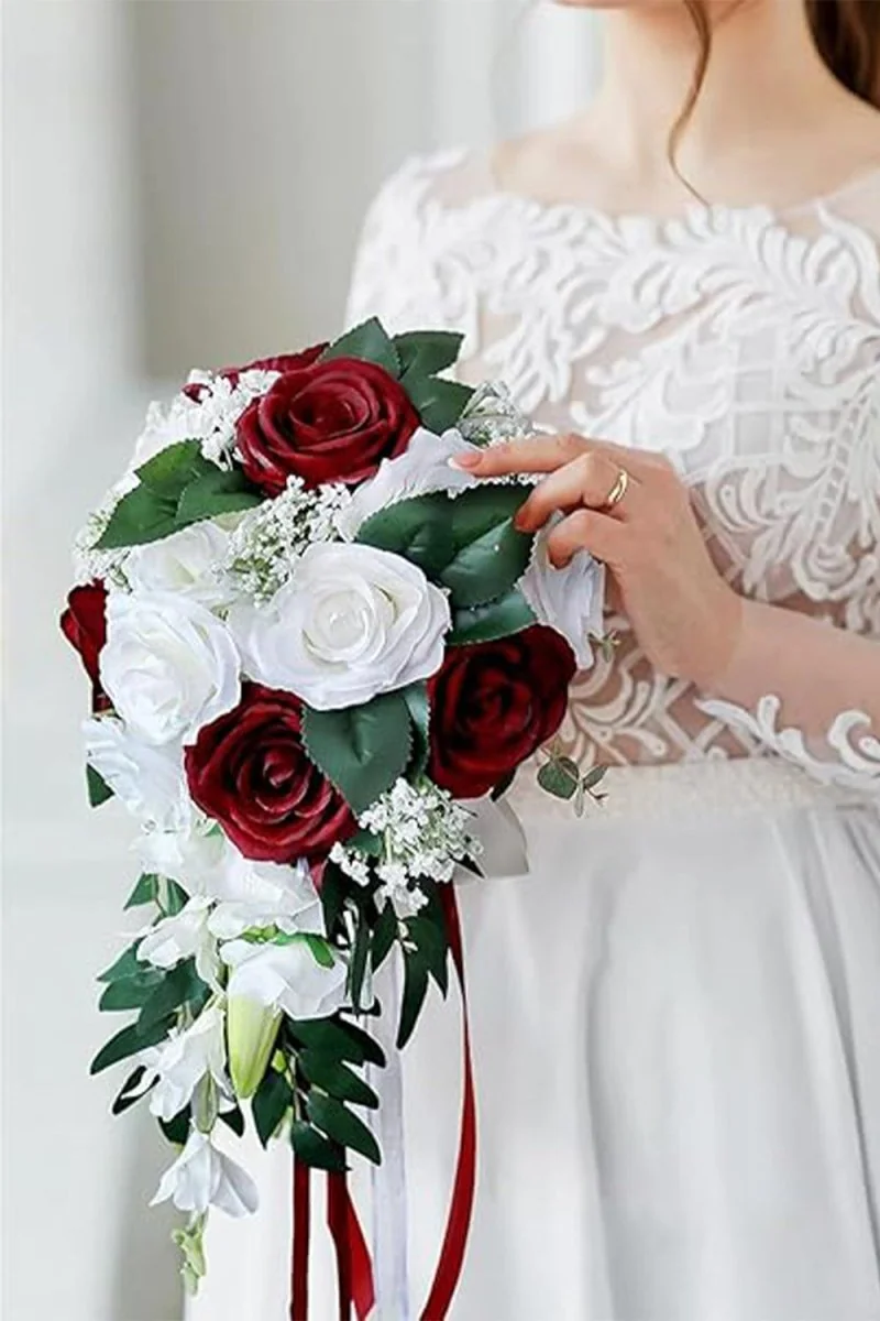 Red Silk Rose Cascade Wedding Bouquet - Rustic Bridal Florals