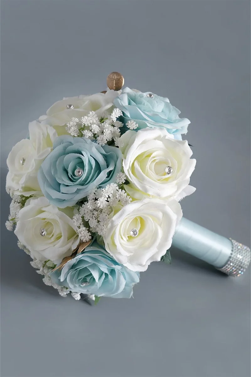 Blue Silk Rose Cascade Bouquet - Elegant Wedding Floral Arrangement