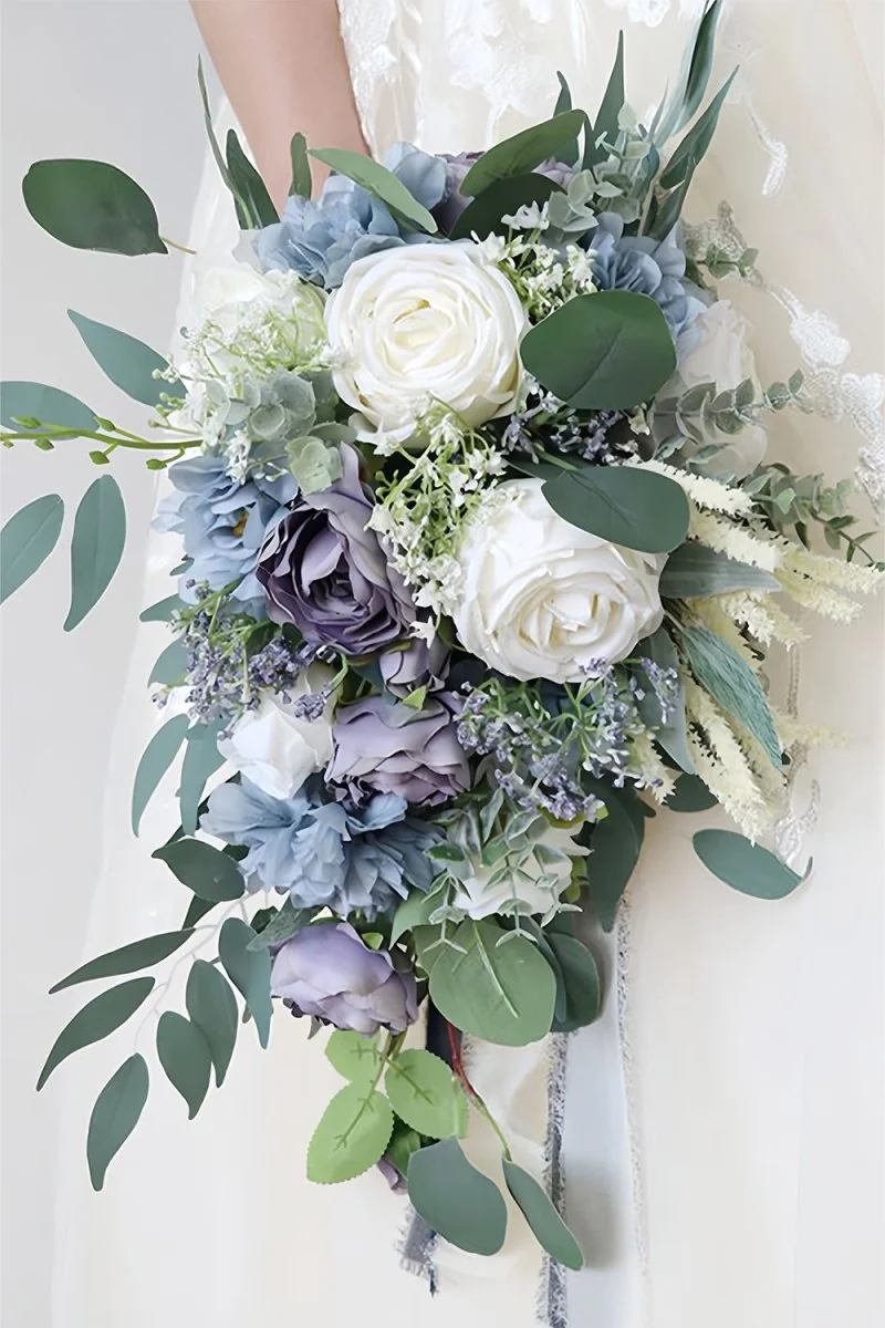 Silk Purple Rose Cascade Bouquet for Weddings - Elegant Ribbon Accent