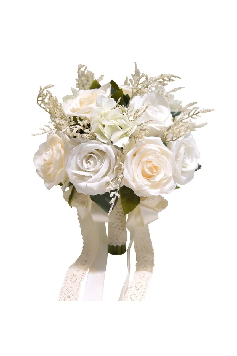 Silk White Rose Cascade Bridal Bouquet Silk Flowers