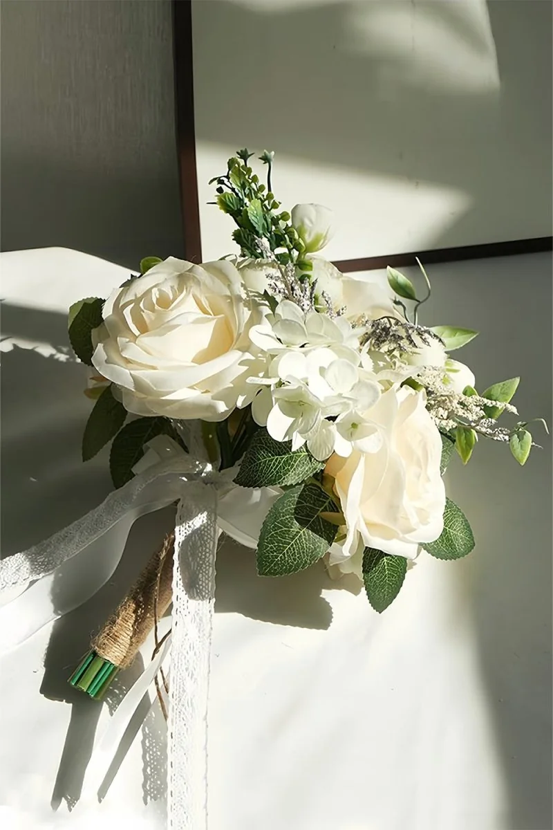Silk White Rose Peony Cascade Wedding Bridal Bouquet