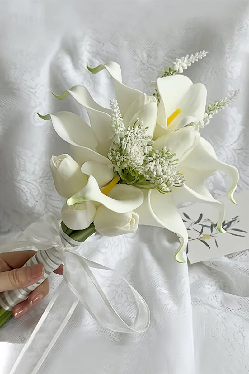 Silk White Tulip Calla Lily Cascade Wedding Bouquets