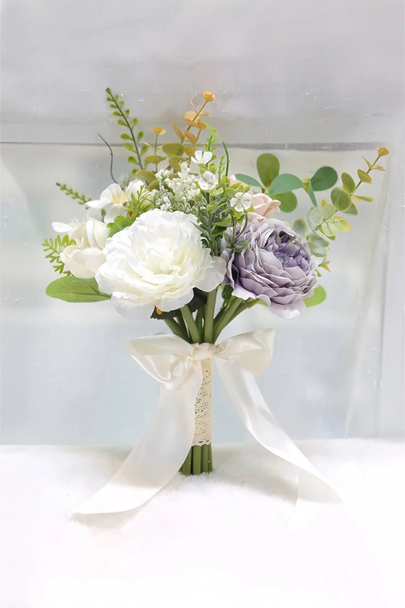 Cascade Silk Rose Peony Bridal Bouquet with Ribbons - White