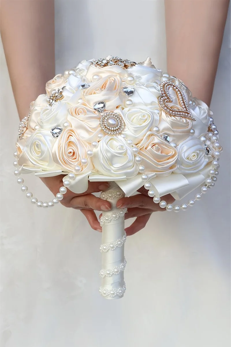 Elegant Pearl Satin Rose Wedding Bouquet with Rhinestone Cascade