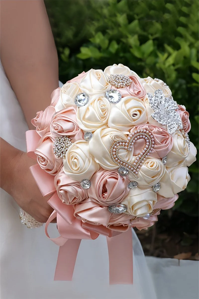 Rose Pink Satin Cascade Wedding Bouquet with Rhinestone Embellishments