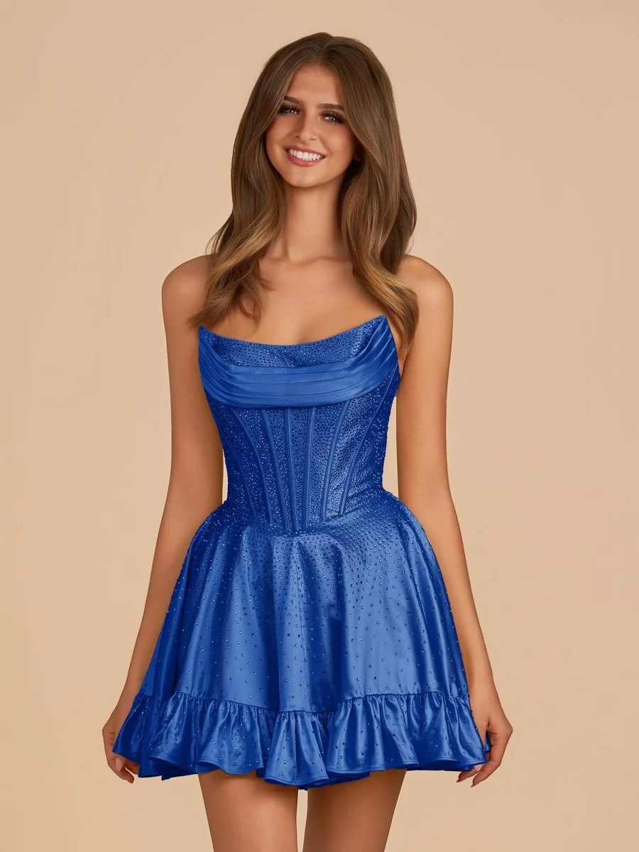 Scoop Neck Royal Blue Satin A-Line Homecoming Dress with Beadings