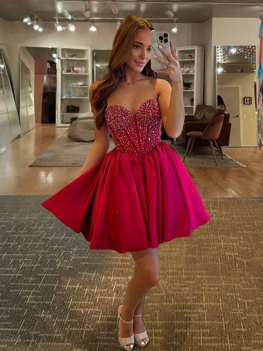 Red Satin A-Line Homecoming Dress with Beading