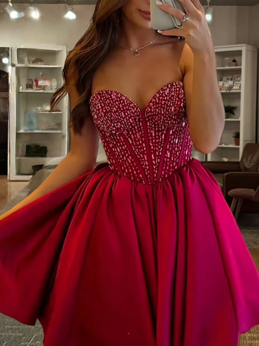 Red Satin A-Line Homecoming Dress with Beading