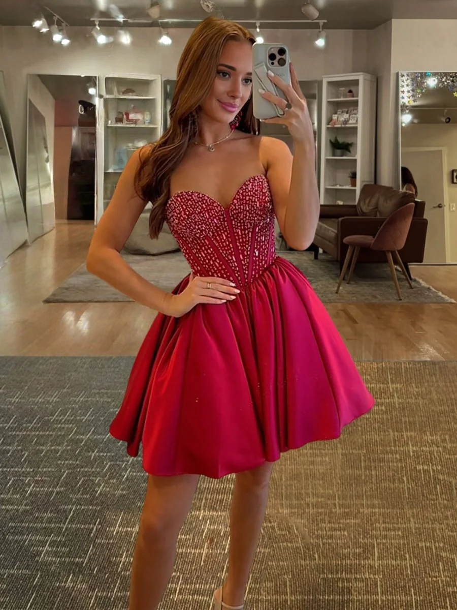 Red Satin A-Line Homecoming Dress with Beading