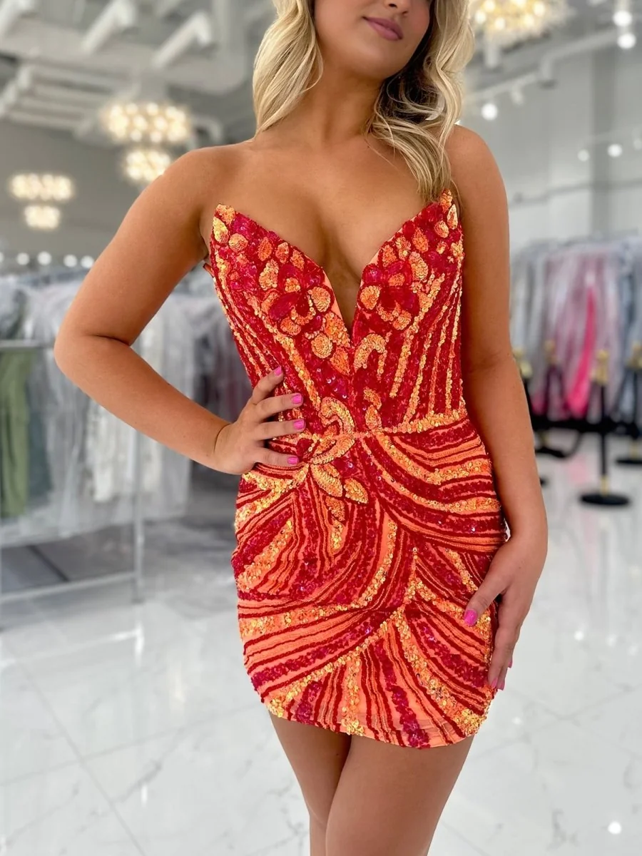 Orange Sequins Bodycon Short Homecoming Dress - Leony