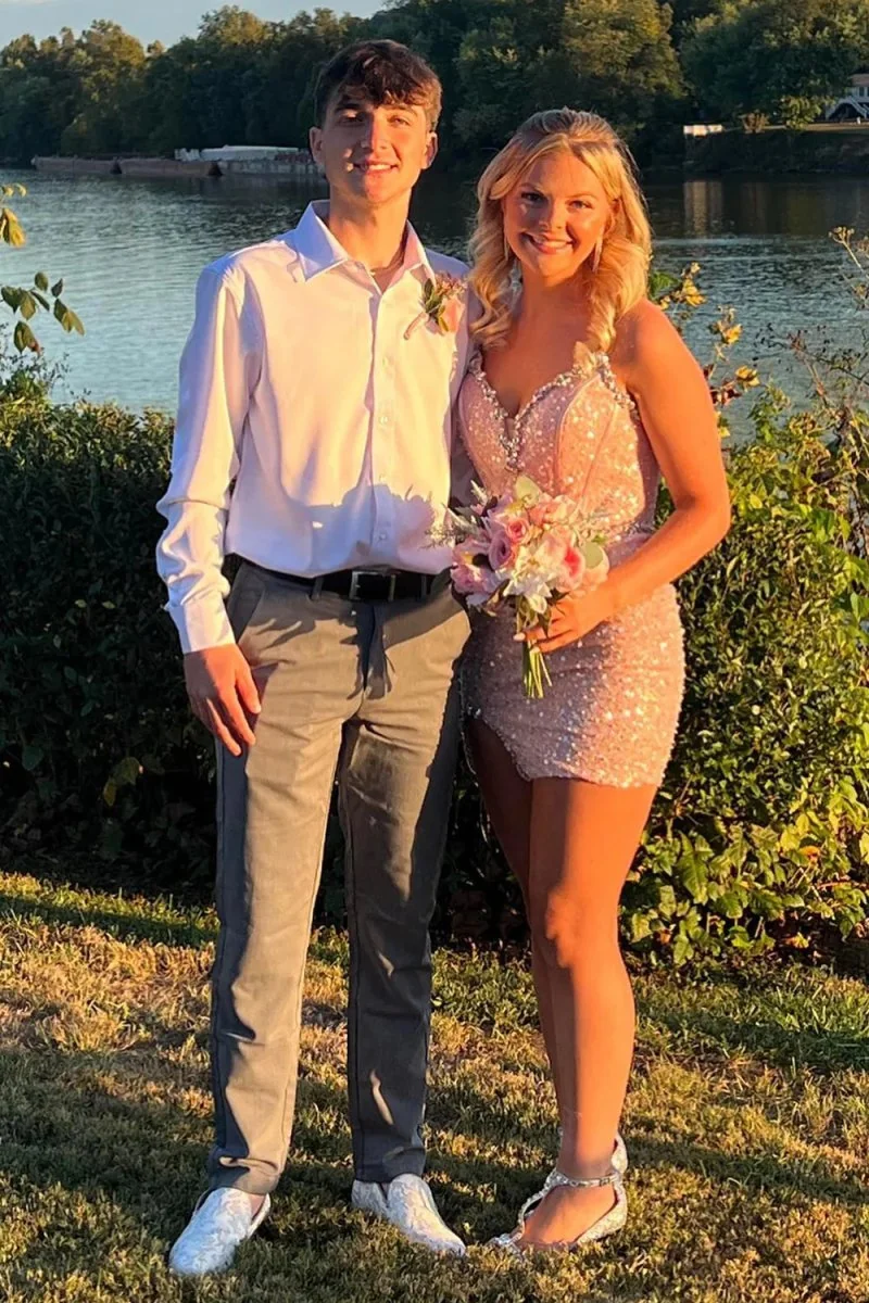 Strapless Sequin Homecoming Dress with Beadings in Pink