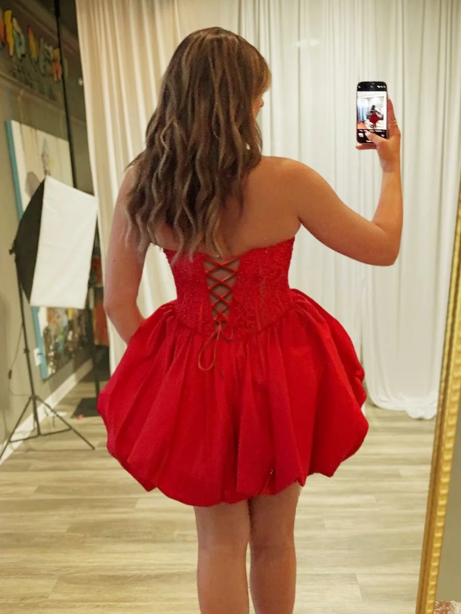 Red Strapless Beaded Corset Bubble Hem Mini Dress with Choker