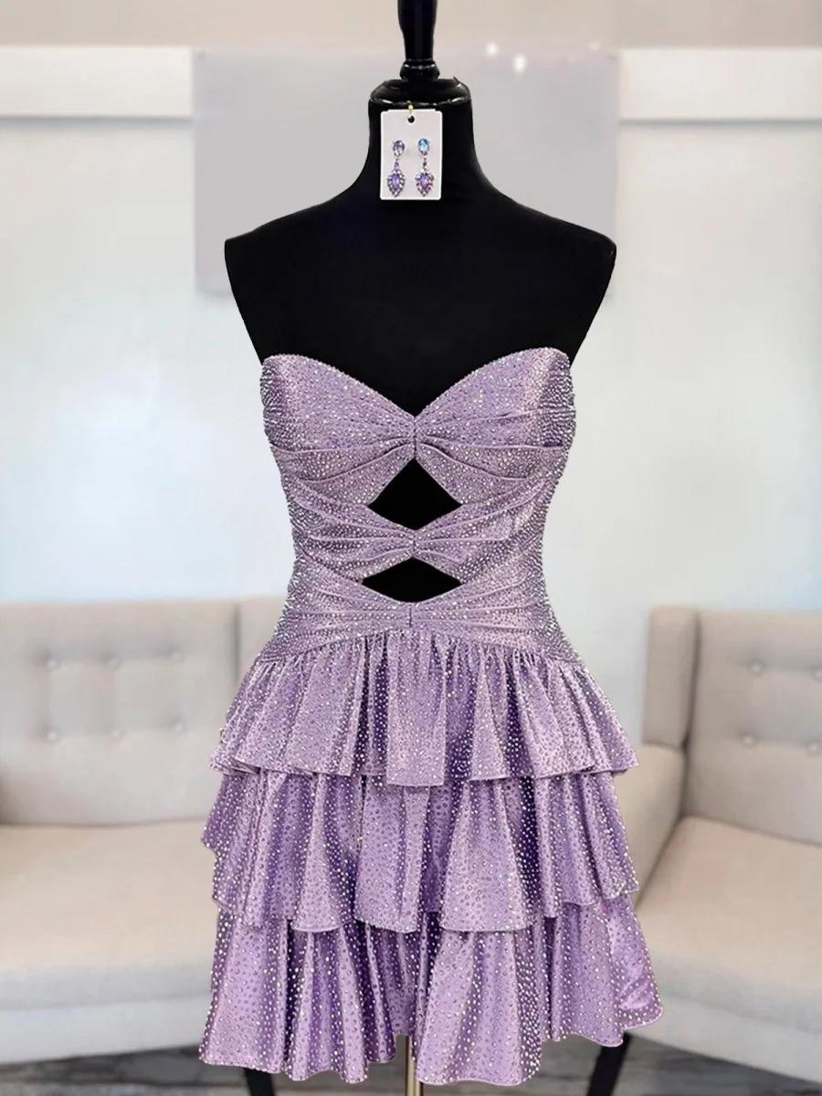 Lilac A-Line Satin Ruffled Homecoming Dress with Beading