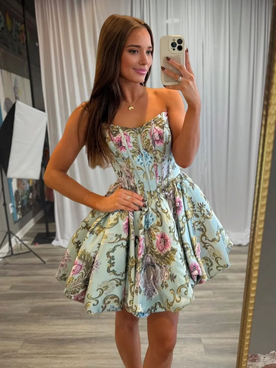 Sky Blue Brocade A-Line Floral Bubble Hem Homecoming Dress