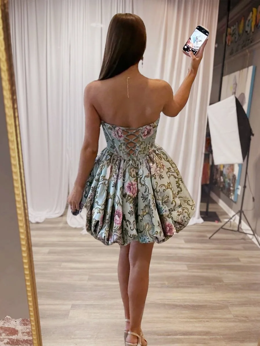 Sky Blue Brocade A-Line Floral Bubble Hem Homecoming Dress