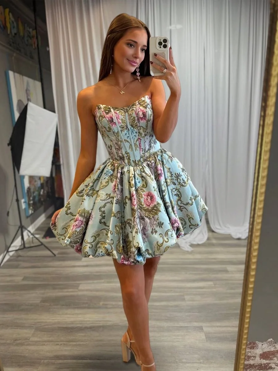 Sky Blue Brocade A-Line Floral Bubble Hem Homecoming Dress