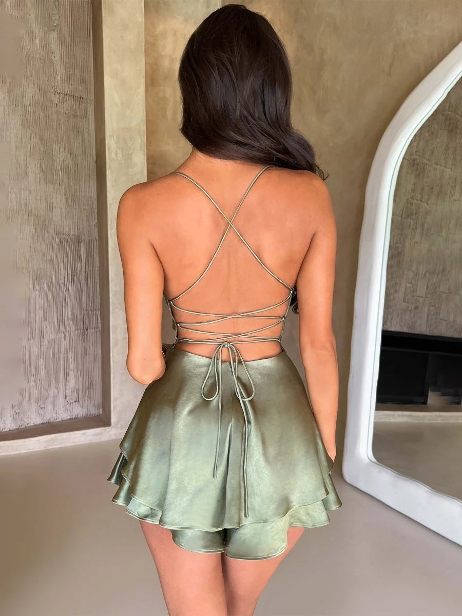 Sage Satin A-Line Cowl Neck Short Homecoming Dress