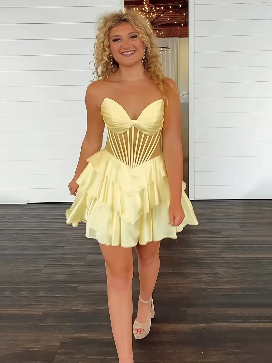 Yellow Satin V-Neck Corset A-Line Mini Dress