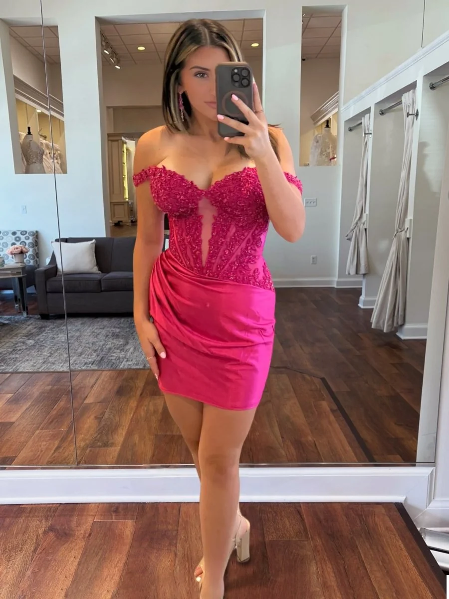 Fuchsia Off-The-Shoulder Bodycon Satin Homecoming Dress With Lace-Up Back