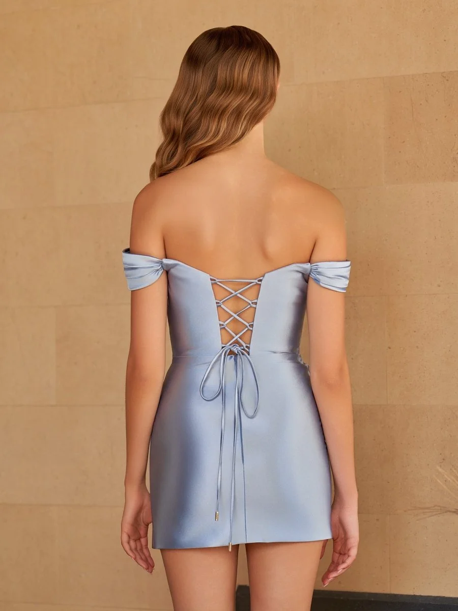 Dusty Blue Satin Off the Shoulder Bodycon Homecoming Dress with Bead Embellishments