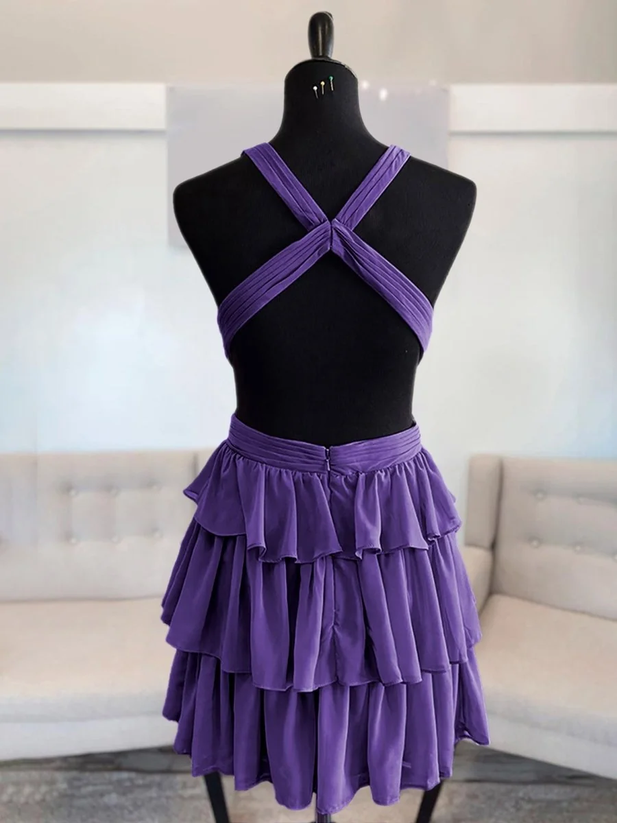Purple Chiffon A-Line Tiered Homecoming Dress with V Neck Cut-Out